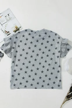 Discount Dear-Lover Star Print Tiered Ruffled Sleeve Crew Neck T Shirt Gray