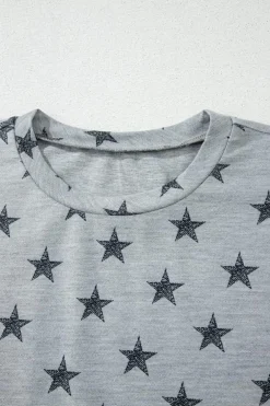 Discount Dear-Lover Star Print Tiered Ruffled Sleeve Crew Neck T Shirt Gray