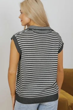 Clearance Dear-Lover Collared V Neck Sweater Vest with Pockets Gray Stripe