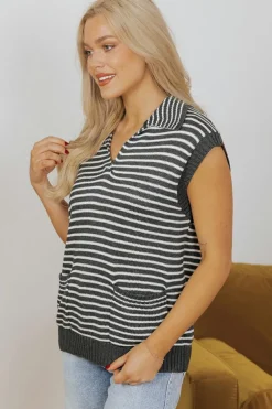 Clearance Dear-Lover Collared V Neck Sweater Vest with Pockets Gray Stripe