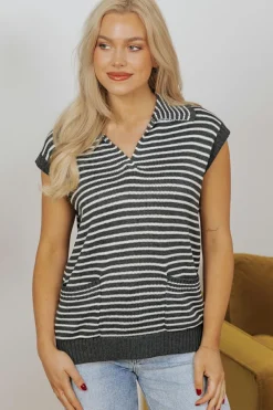 Clearance Dear-Lover Collared V Neck Sweater Vest with Pockets Gray Stripe