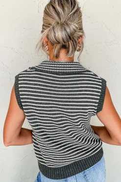 Clearance Dear-Lover Collared V Neck Sweater Vest with Pockets Gray Stripe