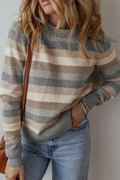 Clearance Dear-Lover Color Block Ribbed Edge Round Neck Sweater Gray Stripe