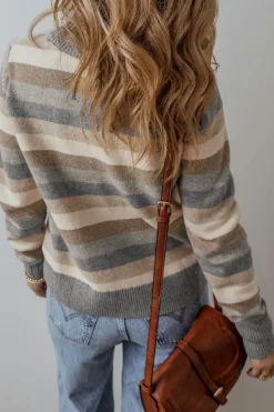 Clearance Dear-Lover Color Block Ribbed Edge Round Neck Sweater Gray Stripe