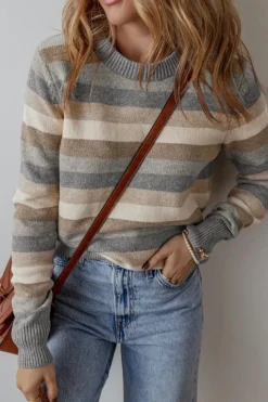Clearance Dear-Lover Color Block Ribbed Edge Round Neck Sweater Gray Stripe