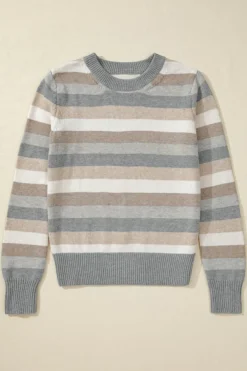 Clearance Dear-Lover Color Block Ribbed Edge Round Neck Sweater Gray Stripe
