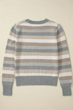 Clearance Dear-Lover Color Block Ribbed Edge Round Neck Sweater Gray Stripe