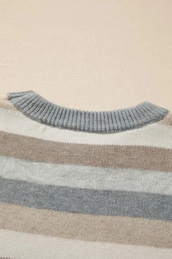 Clearance Dear-Lover Color Block Ribbed Edge Round Neck Sweater Gray Stripe