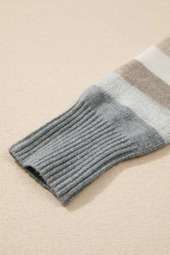 Clearance Dear-Lover Color Block Ribbed Edge Round Neck Sweater Gray Stripe