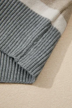 Clearance Dear-Lover Color Block Ribbed Edge Round Neck Sweater Gray Stripe