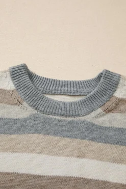 Clearance Dear-Lover Color Block Ribbed Edge Round Neck Sweater Gray Stripe