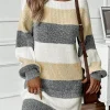 Fashion Dear-Lover Colorblock Bubble Sleeve Drop Shoulder Sweater Dress Gray Stripe