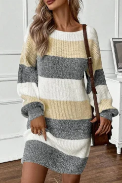 Fashion Dear-Lover Colorblock Bubble Sleeve Drop Shoulder Sweater Dress Gray Stripe
