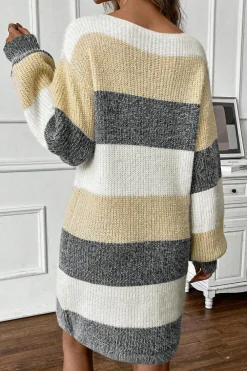 Fashion Dear-Lover Colorblock Bubble Sleeve Drop Shoulder Sweater Dress Gray Stripe