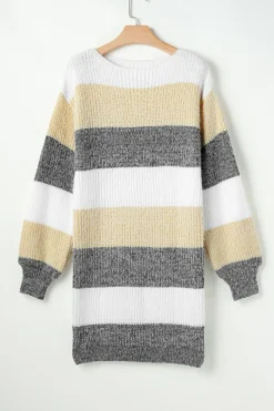 Fashion Dear-Lover Colorblock Bubble Sleeve Drop Shoulder Sweater Dress Gray Stripe