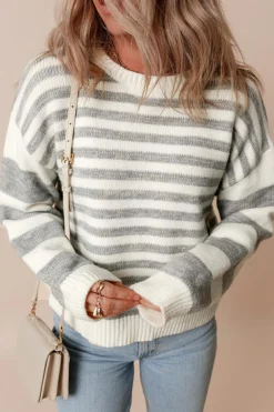 Sale Dear-Lover Drop Shoulder Crew Neck Sweater Gray Stripe