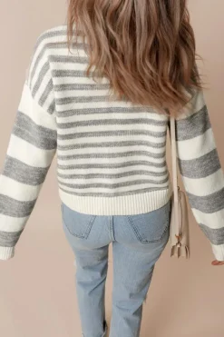 Sale Dear-Lover Drop Shoulder Crew Neck Sweater Gray Stripe