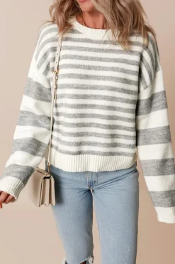 Sale Dear-Lover Drop Shoulder Crew Neck Sweater Gray Stripe
