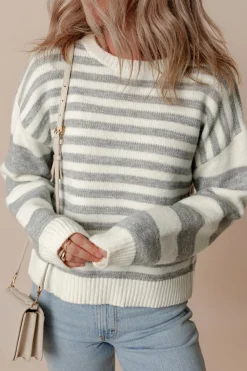 Sale Dear-Lover Drop Shoulder Crew Neck Sweater Gray Stripe