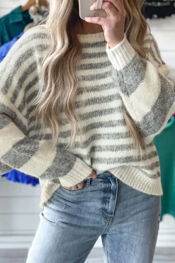 Sale Dear-Lover Drop Shoulder Crew Neck Sweater Gray Stripe