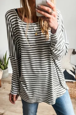 New Dear-Lover Drop Sleeve Round Neck Oversized Long Sleeve Top Gray Stripe