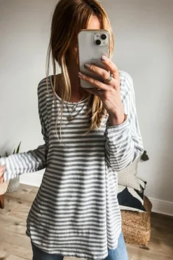 New Dear-Lover Drop Sleeve Round Neck Oversized Long Sleeve Top Gray Stripe
