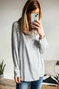 New Dear-Lover Drop Sleeve Round Neck Oversized Long Sleeve Top Gray Stripe