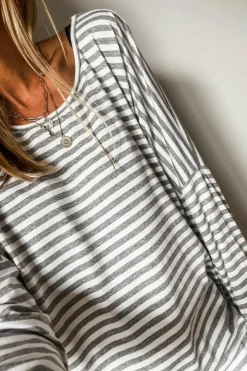 New Dear-Lover Drop Sleeve Round Neck Oversized Long Sleeve Top Gray Stripe