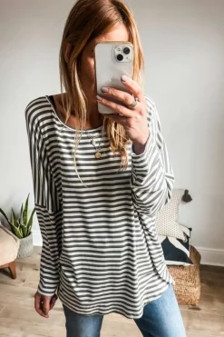 New Dear-Lover Drop Sleeve Round Neck Oversized Long Sleeve Top Gray Stripe