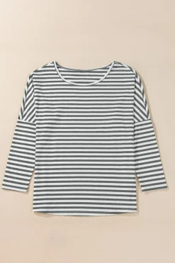New Dear-Lover Drop Sleeve Round Neck Oversized Long Sleeve Top Gray Stripe