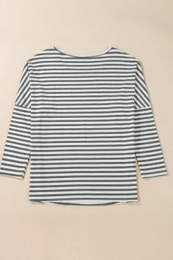 New Dear-Lover Drop Sleeve Round Neck Oversized Long Sleeve Top Gray Stripe
