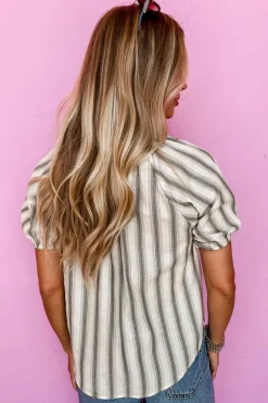 Best Dear-Lover Frilled Tie Neck Short Sleeve Blouse Gray Stripe