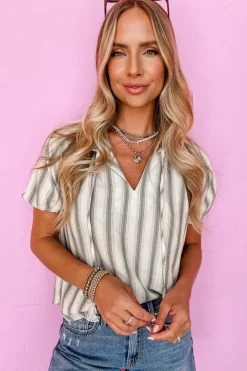 Best Dear-Lover Frilled Tie Neck Short Sleeve Blouse Gray Stripe
