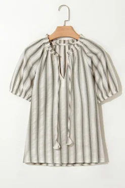 Best Dear-Lover Frilled Tie Neck Short Sleeve Blouse Gray Stripe