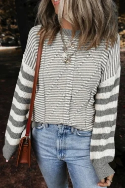 Hot Dear-Lover Geometric Textured Drop Shoulder Sweater Gray Stripe