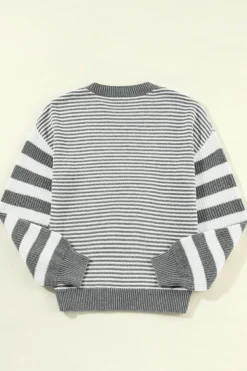 Hot Dear-Lover Geometric Textured Drop Shoulder Sweater Gray Stripe