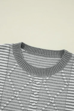 Hot Dear-Lover Geometric Textured Drop Shoulder Sweater Gray Stripe