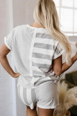 Hot Dear-Lover Mixed Print Short Sleeve Top and Pocketed Shorts Set Gray Stripe