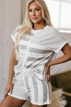 Hot Dear-Lover Mixed Print Short Sleeve Top and Pocketed Shorts Set Gray Stripe