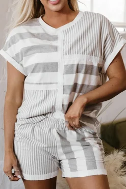 Hot Dear-Lover Mixed Print Short Sleeve Top and Pocketed Shorts Set Gray Stripe