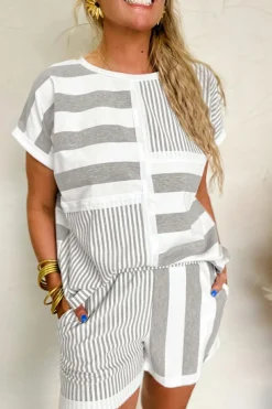 Hot Dear-Lover Mixed Print Short Sleeve Top and Pocketed Shorts Set Gray Stripe