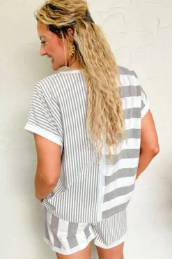 Hot Dear-Lover Mixed Print Short Sleeve Top and Pocketed Shorts Set Gray Stripe