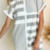Fashion Dear-Lover Mixed Printed Short Sleeve Shift Mini T Shirt Dress Gray Stripe
