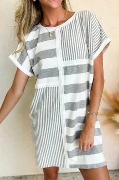 Fashion Dear-Lover Mixed Printed Short Sleeve Shift Mini T Shirt Dress Gray Stripe