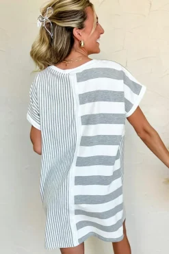 Fashion Dear-Lover Mixed Printed Short Sleeve Shift Mini T Shirt Dress Gray Stripe
