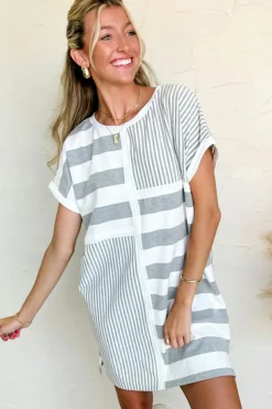 Fashion Dear-Lover Mixed Printed Short Sleeve Shift Mini T Shirt Dress Gray Stripe