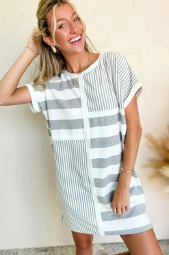 Fashion Dear-Lover Mixed Printed Short Sleeve Shift Mini T Shirt Dress Gray Stripe