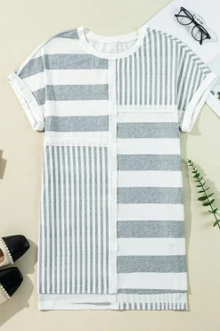 Fashion Dear-Lover Mixed Printed Short Sleeve Shift Mini T Shirt Dress Gray Stripe