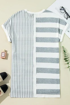 Fashion Dear-Lover Mixed Printed Short Sleeve Shift Mini T Shirt Dress Gray Stripe