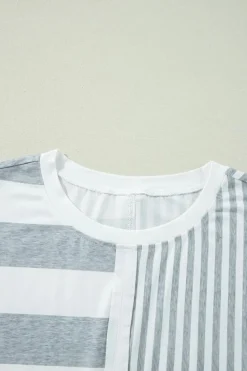 Fashion Dear-Lover Mixed Printed Short Sleeve Shift Mini T Shirt Dress Gray Stripe